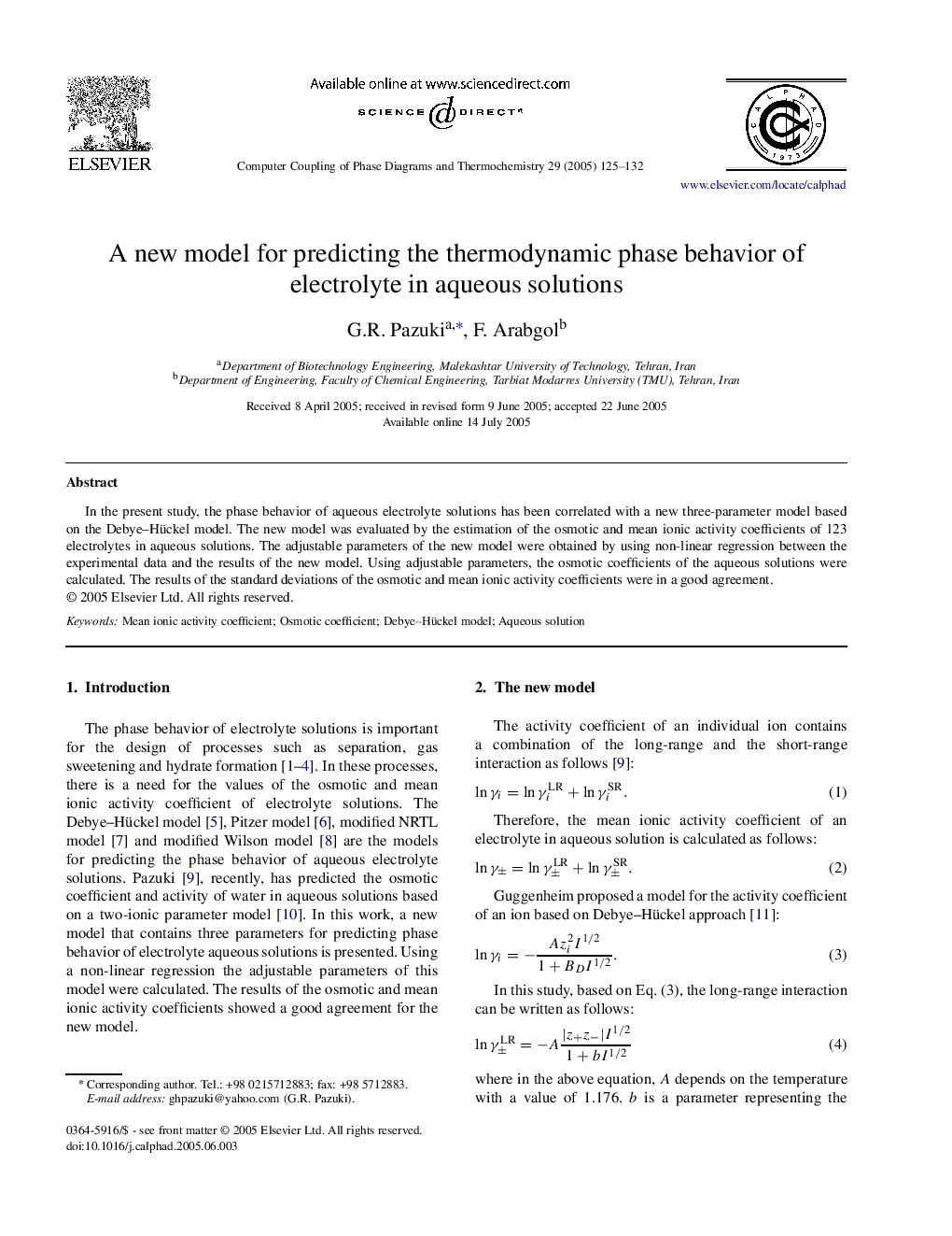 A new model for predicting the thermodynamic phase behavior of electrolyte in aqueous solutions