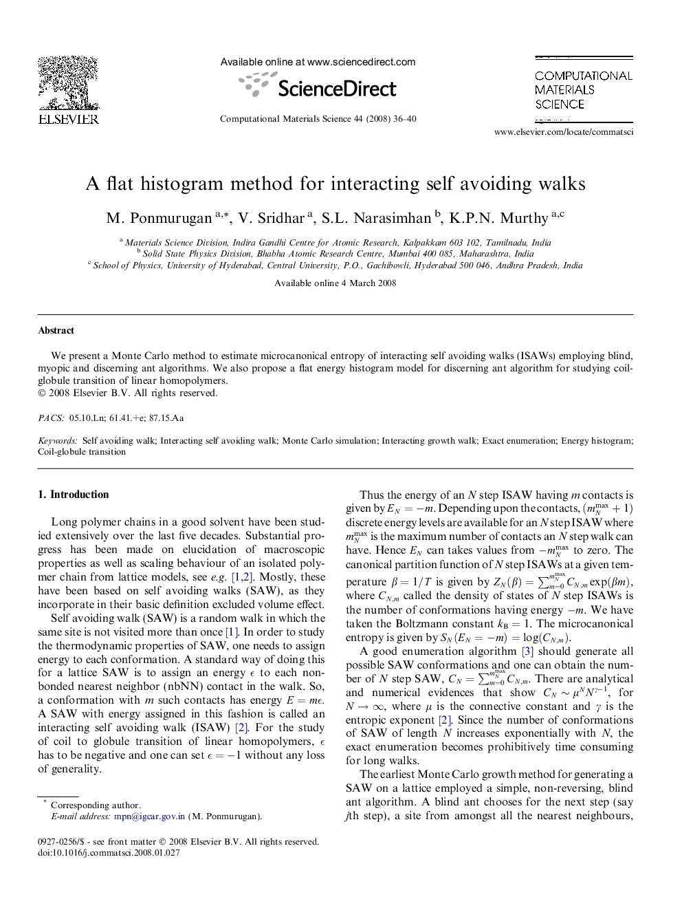 A flat histogram method for interacting self avoiding walks