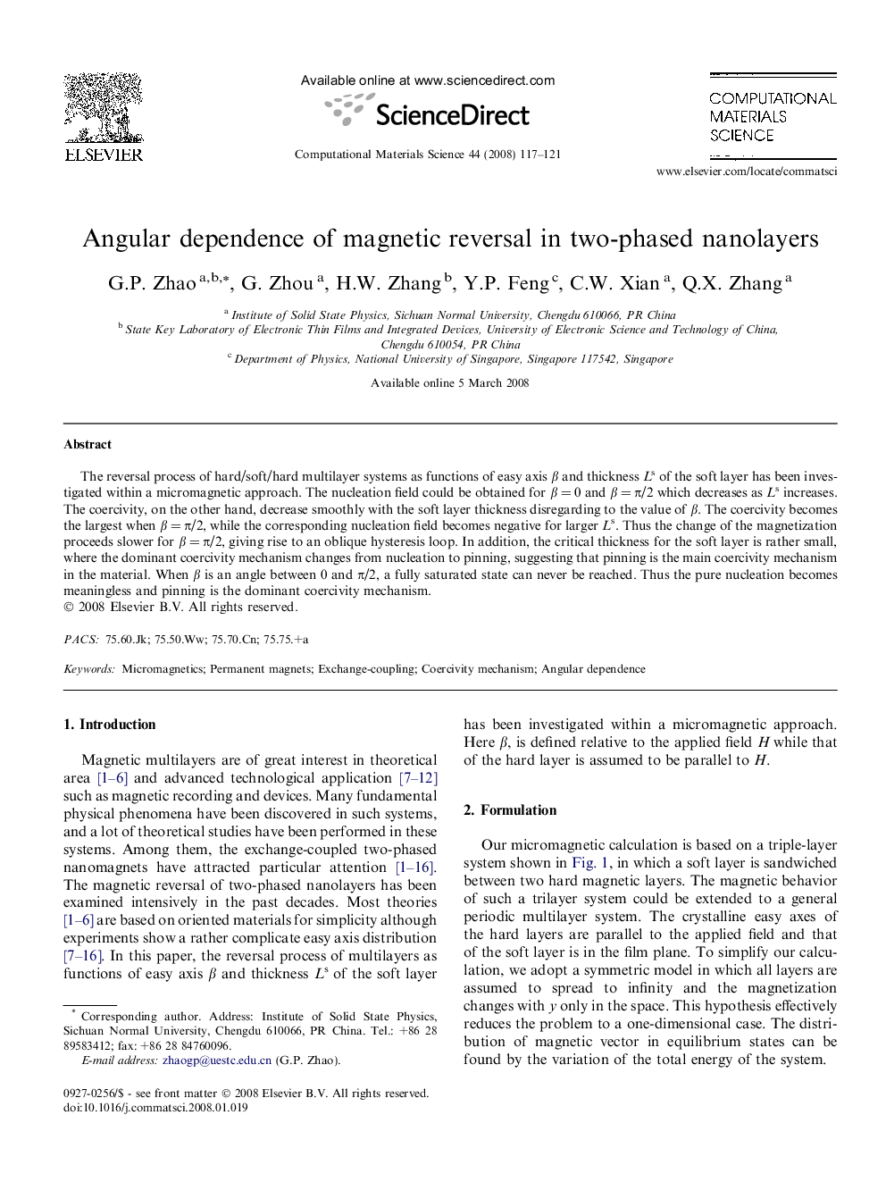 Angular dependence of magnetic reversal in two-phased nanolayers