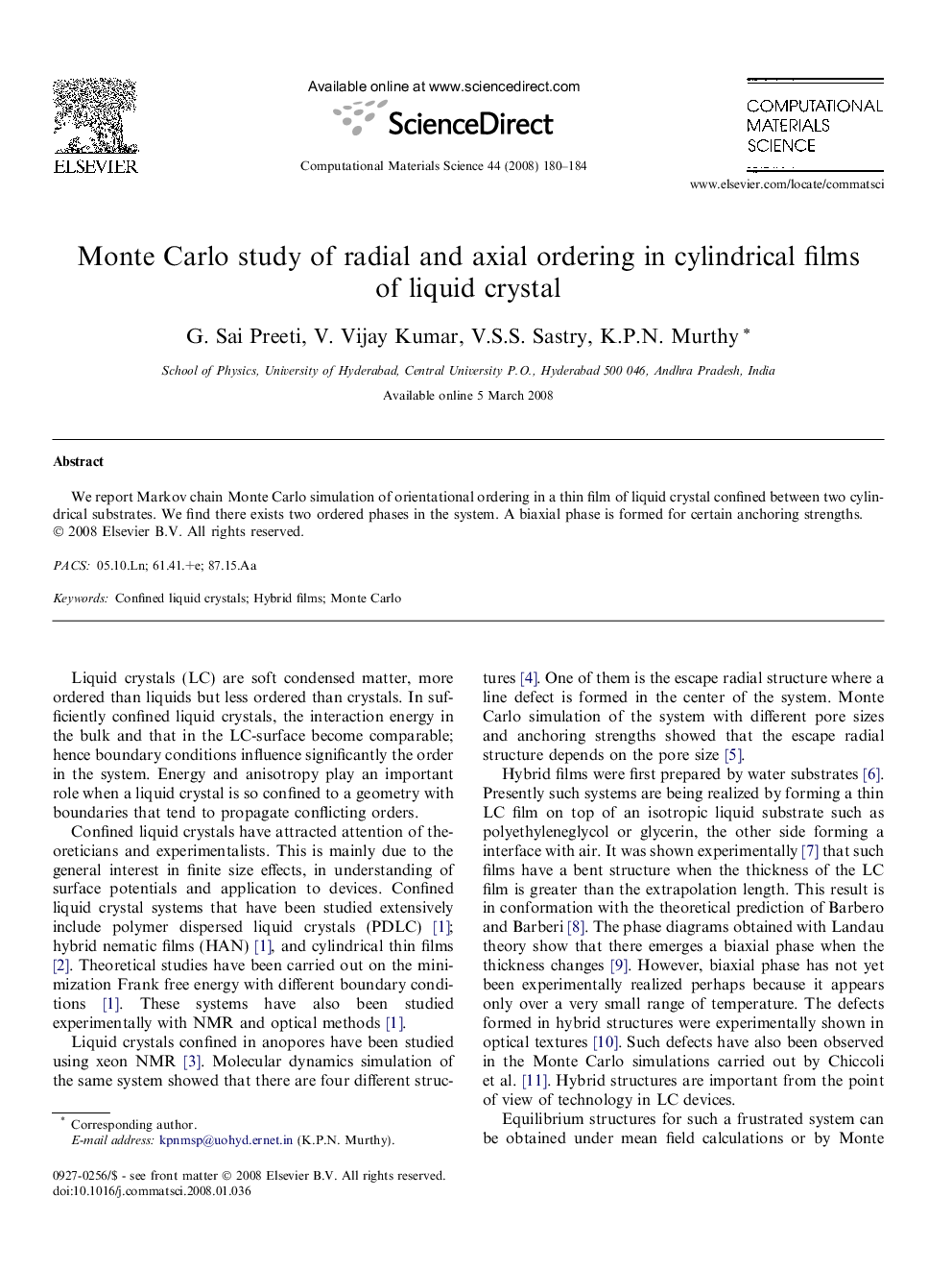 Monte Carlo study of radial and axial ordering in cylindrical films of liquid crystal