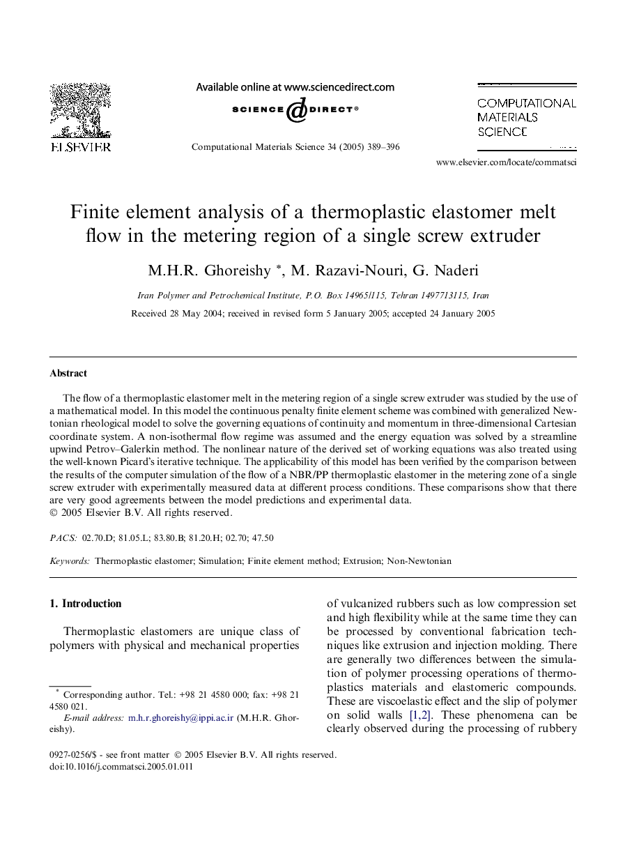 Finite element analysis of a thermoplastic elastomer melt flow in the metering region of a single screw extruder