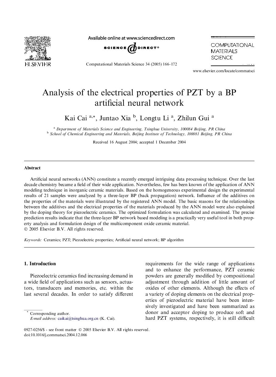 Analysis of the electrical properties of PZT by a BP artificial neural network