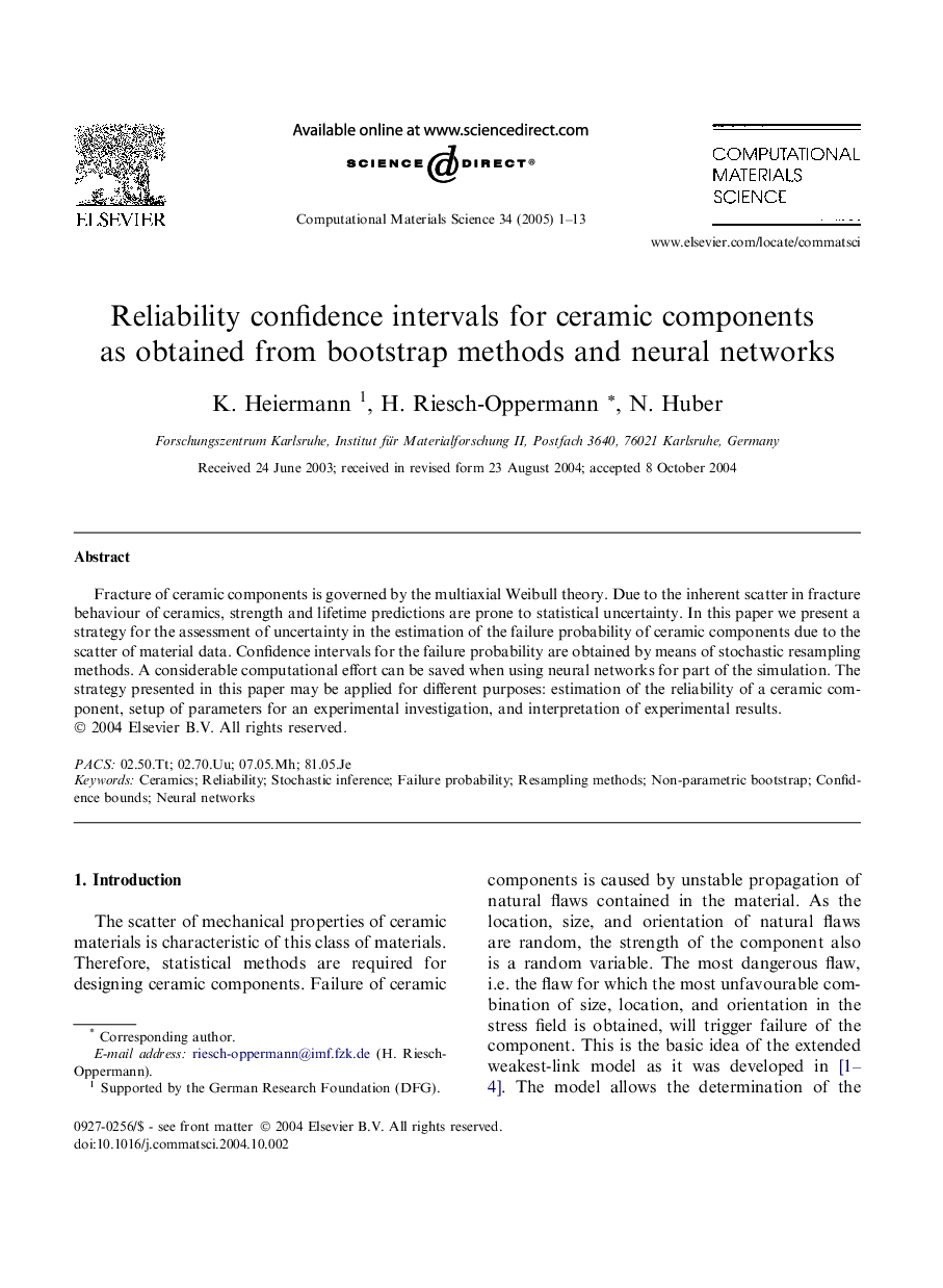 Reliability confidence intervals for ceramic components as obtained from bootstrap methods and neural networks