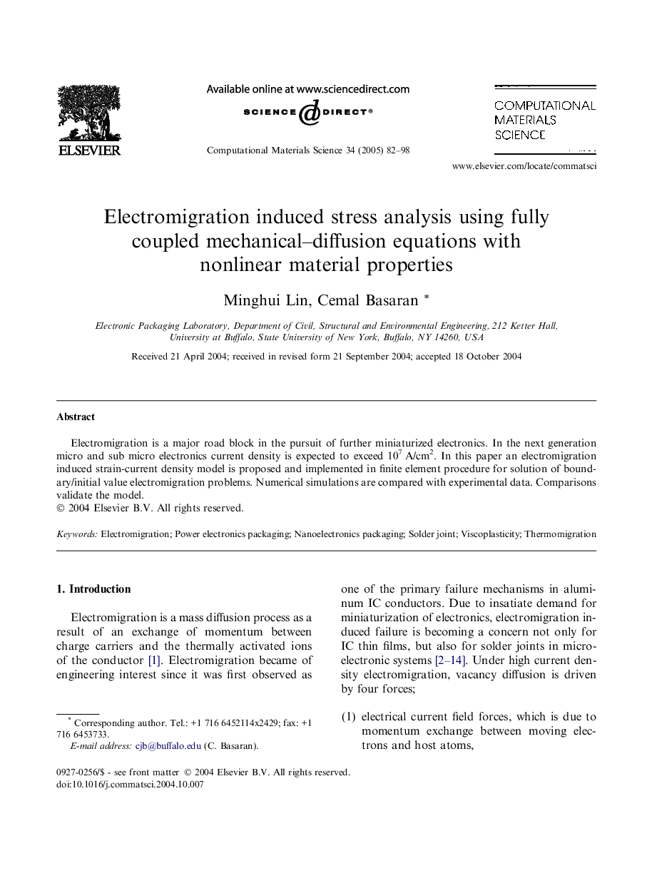 Electromigration induced stress analysis using fully coupled mechanical-diffusion equations with nonlinear material properties