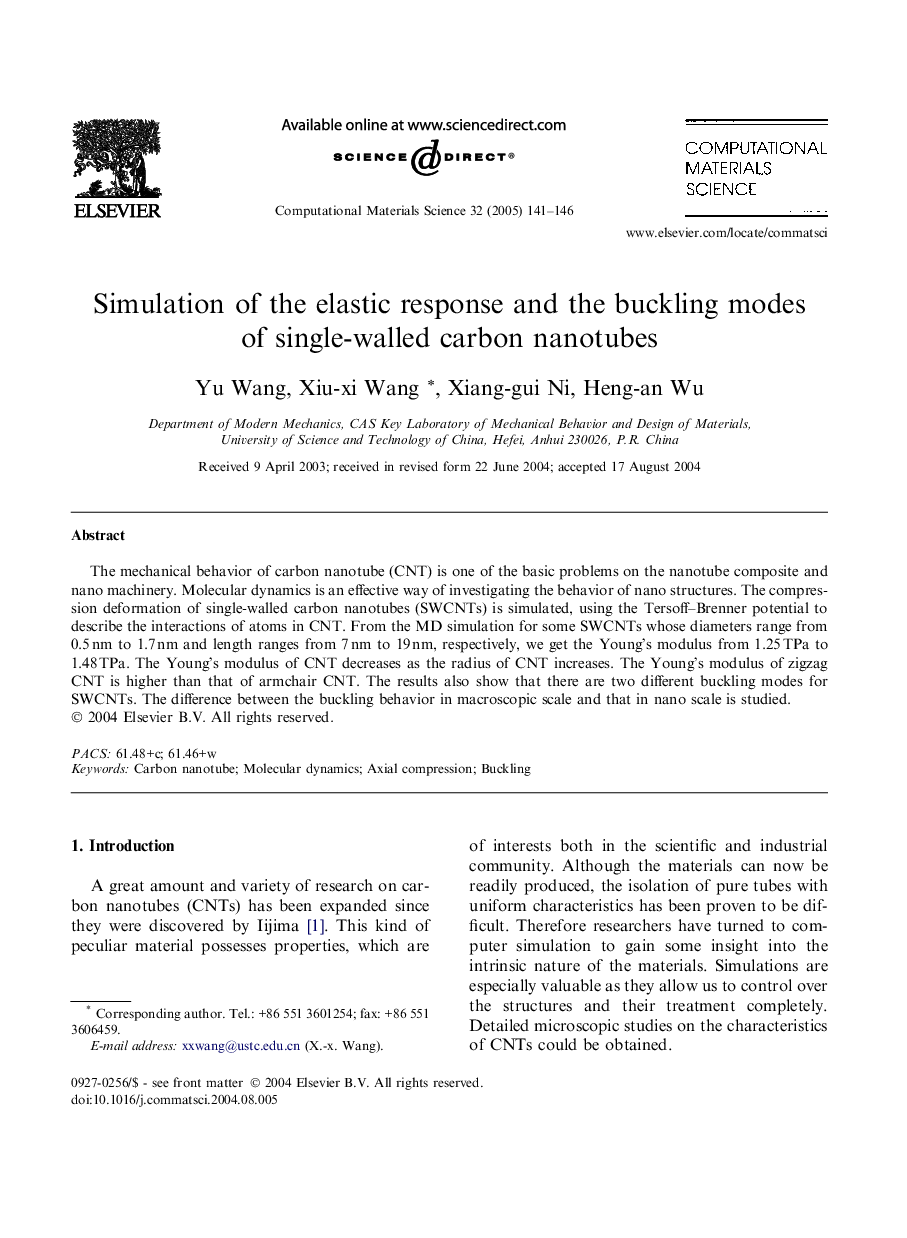 Simulation of the elastic response and the buckling modes of single-walled carbon nanotubes