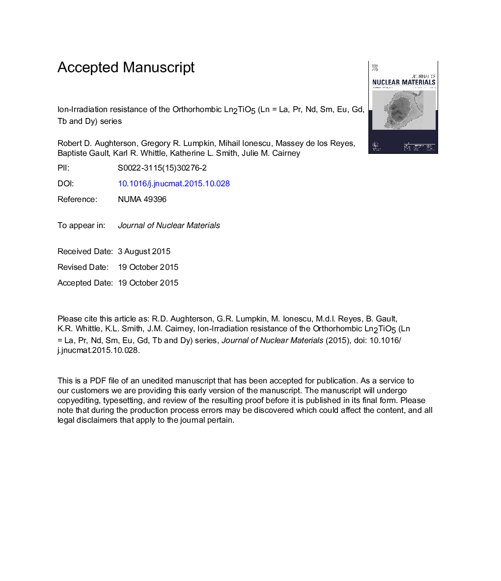 Ion-irradiation resistance of the orthorhombic Ln2TiO5 (LnÂ =Â La, Pr, Nd, Sm, Eu, Gd, Tb and Dy) series