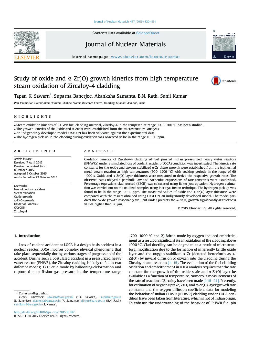 Study of oxide and Î±-Zr(O) growth kinetics from high temperature steam oxidation of Zircaloy-4 cladding