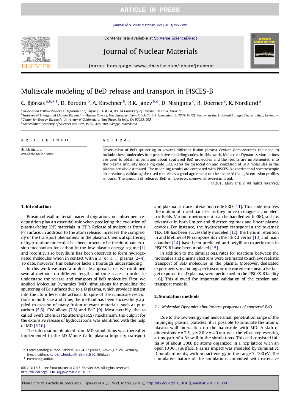 Multiscale modeling of BeD release and transport in PISCES-B