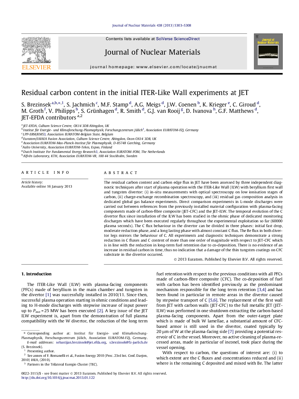 Residual carbon content in the initial ITER-Like Wall experiments at JET