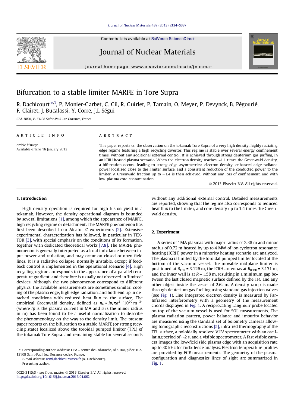 Bifurcation to a stable limiter MARFE in Tore Supra
