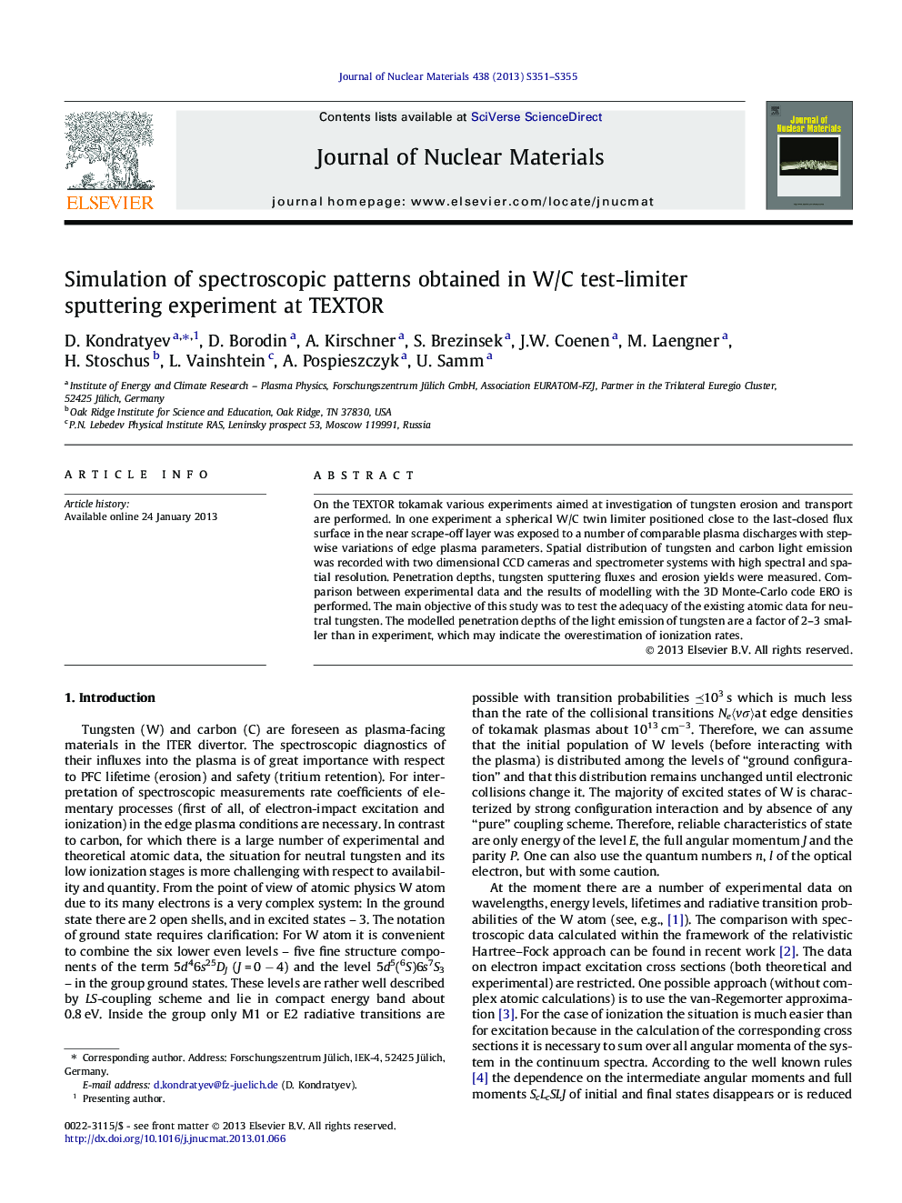 Simulation of spectroscopic patterns obtained in W/C test-limiter sputtering experiment at TEXTOR