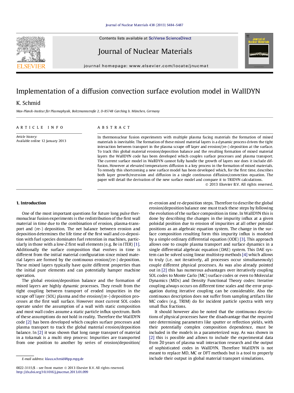 Implementation of a diffusion convection surface evolution model in WallDYN