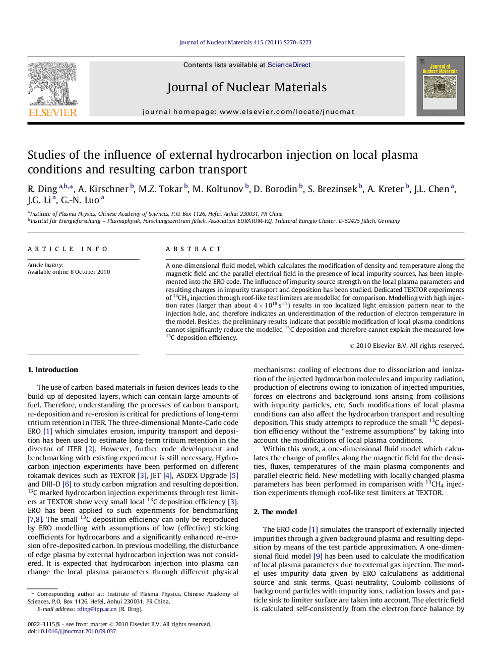 عکس صفحه اول مقاله: Studies of the influence of external hydrocarbon injection on local plasma conditions and resulting carbon transport Studies of the influence of external hydrocarbon injection on local plasma conditions and resulting carbon transport