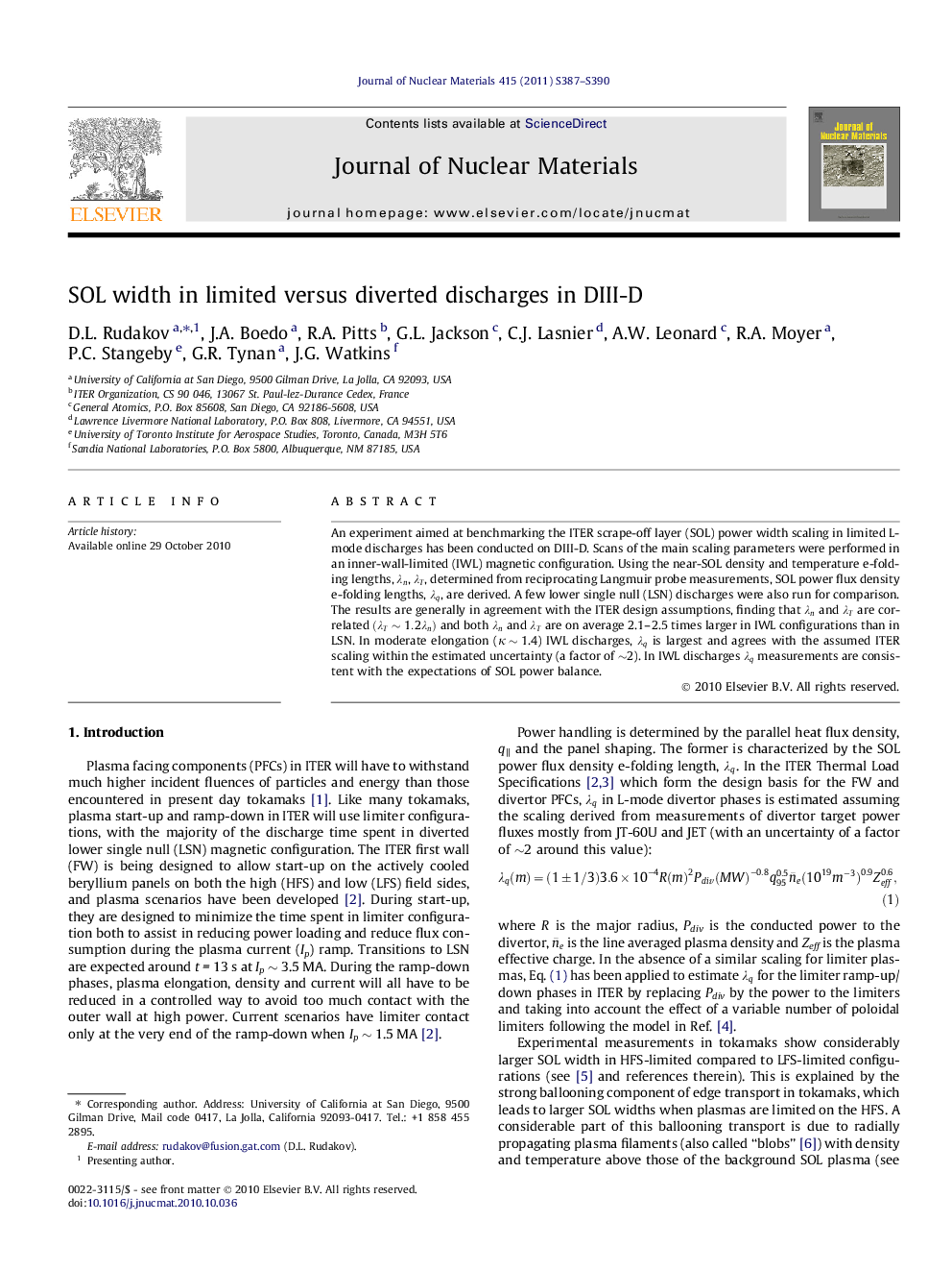 عکس صفحه اول مقاله: SOL width in limited versus diverted discharges in DIII-D SOL width in limited versus diverted discharges in DIII-D