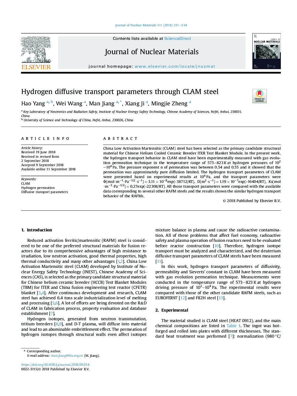 Hydrogen diffusive transport parameters through CLAM steel