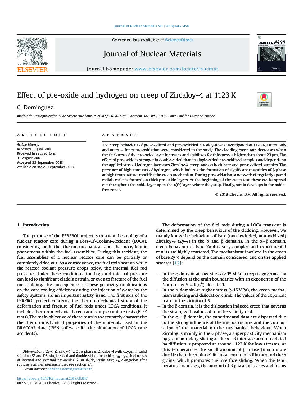 Effect of pre-oxide and hydrogen on creep of Zircaloy-4 at 1123â¯K