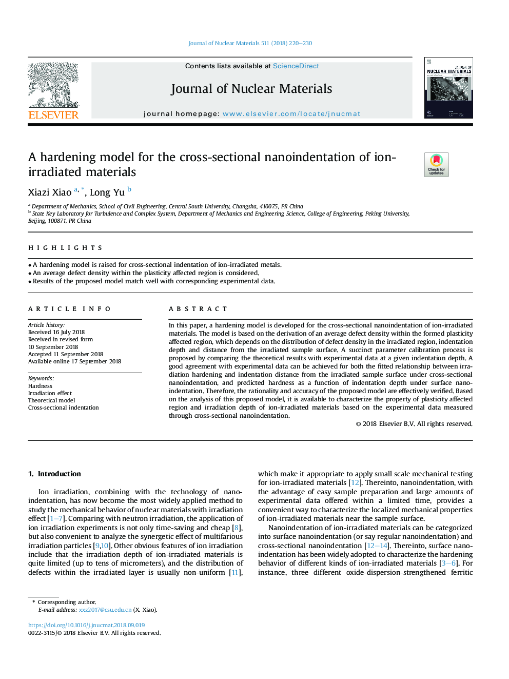 A hardening model for the cross-sectional nanoindentation of ion-irradiated materials