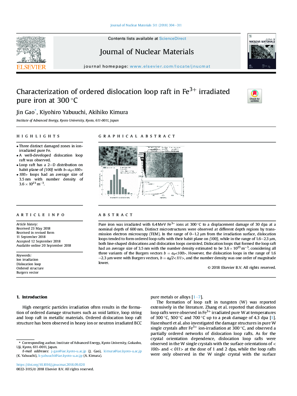 عکس صفحه اول مقاله: Characterization of ordered dislocation loop raft in Fe3+ irradiated pure iron at 300â¯Â°C Characterization of ordered dislocation loop raft in Fe3+ irradiated pure iron at 300â¯Â°C