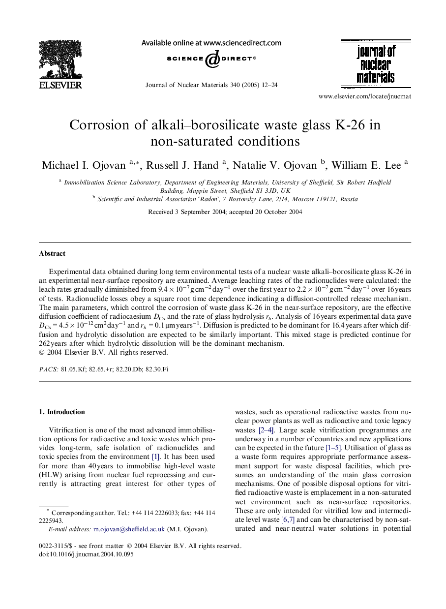 Corrosion of alkali-borosilicate waste glass K-26 in non-saturated conditions