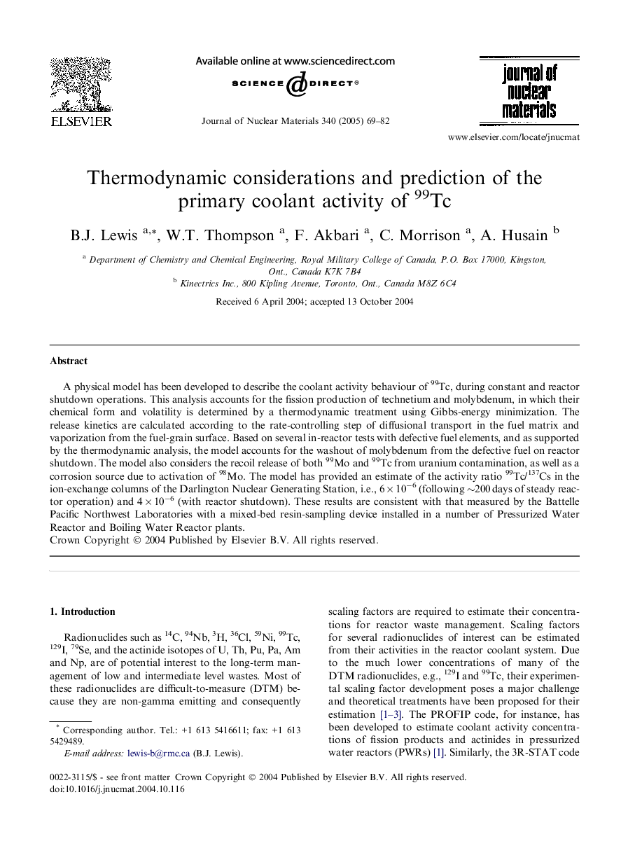 Thermodynamic considerations and prediction of the primary coolant activity of 99Tc