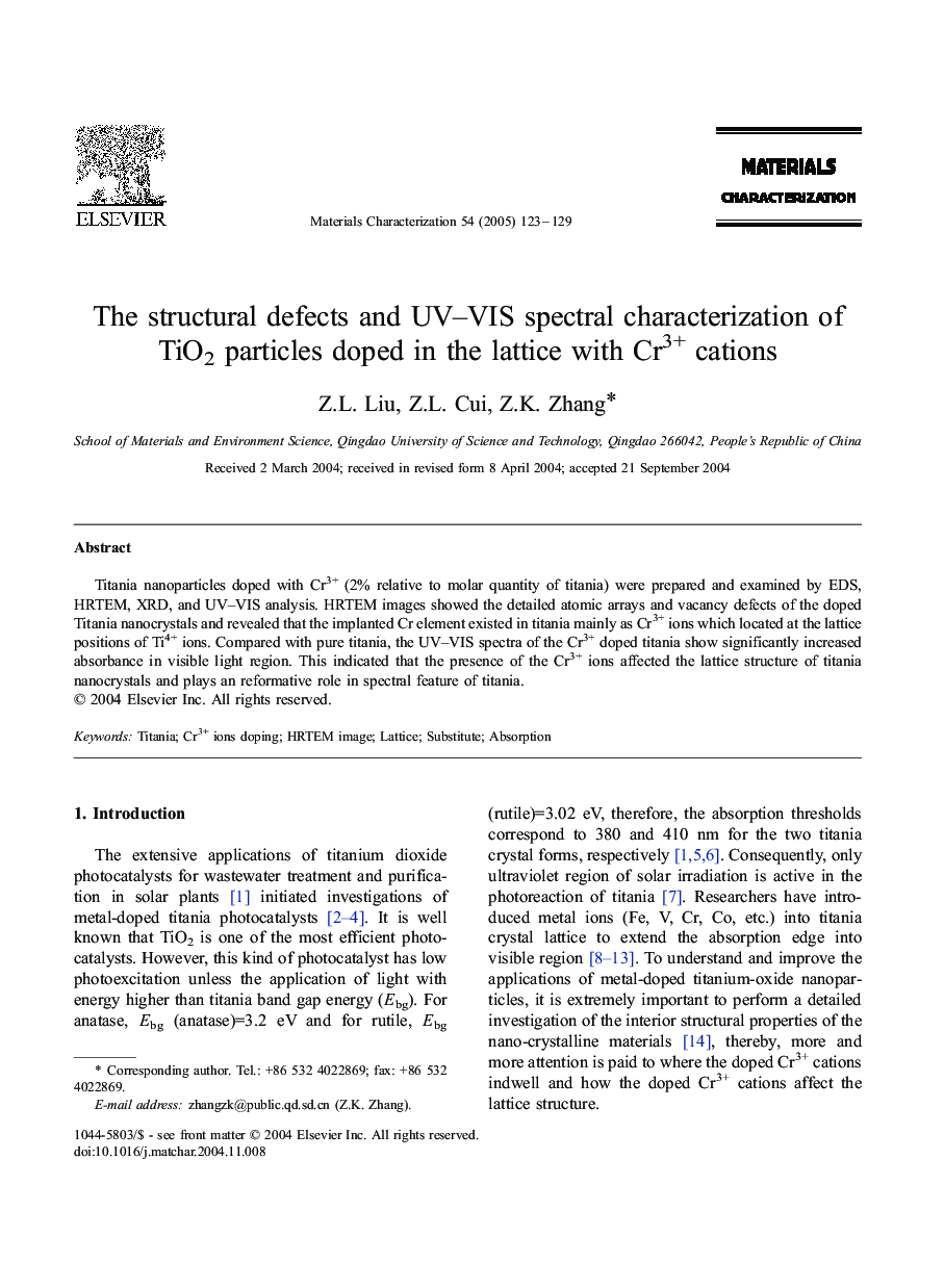 The structural defects and UV-VIS spectral characterization of TiO2 particles doped in the lattice with Cr3+ cations