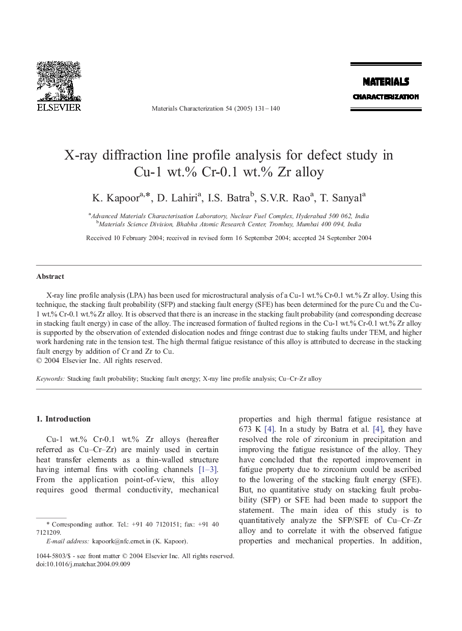 X-ray diffraction line profile analysis for defect study in Cu-1 wt.% Cr-0.1 wt.% Zr alloy