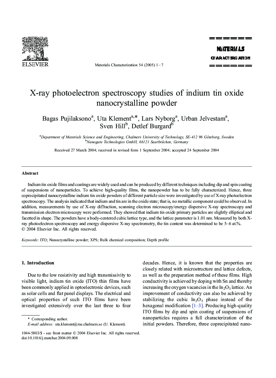 X-ray photoelectron spectroscopy studies of indium tin oxide nanocrystalline powder