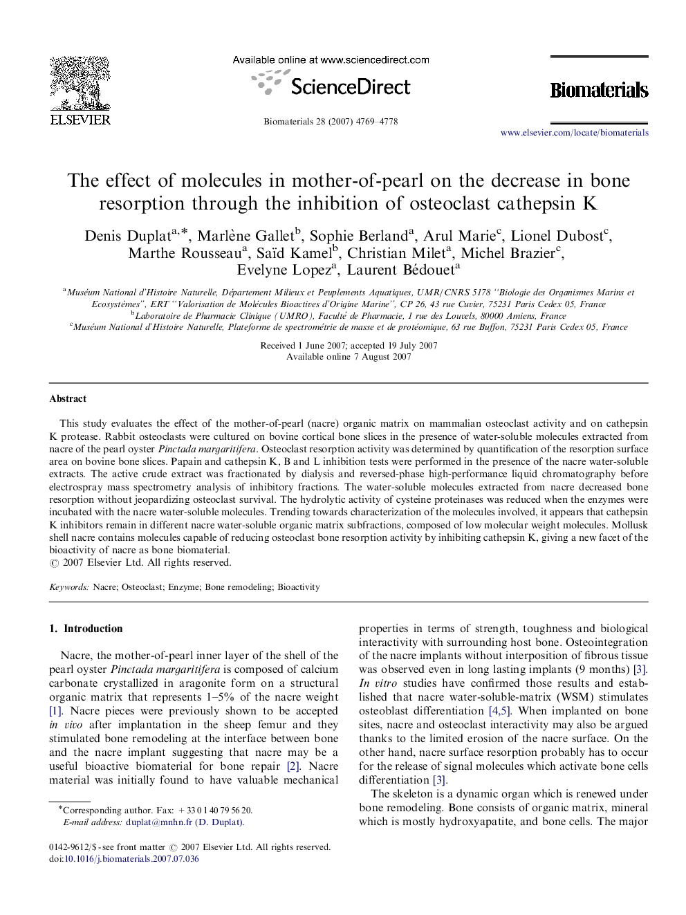 The effect of molecules in mother-of-pearl on the decrease in bone resorption through the inhibition of osteoclast cathepsin K