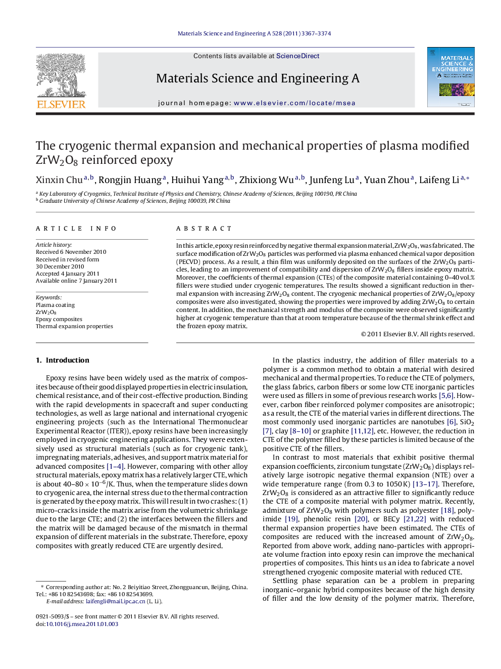 عکس صفحه اول مقاله: The cryogenic thermal expansion and mechanical properties of plasma modified ZrW2O8 reinforced epoxy The cryogenic thermal expansion and mechanical properties of plasma modified ZrW2O8 reinforced epoxy