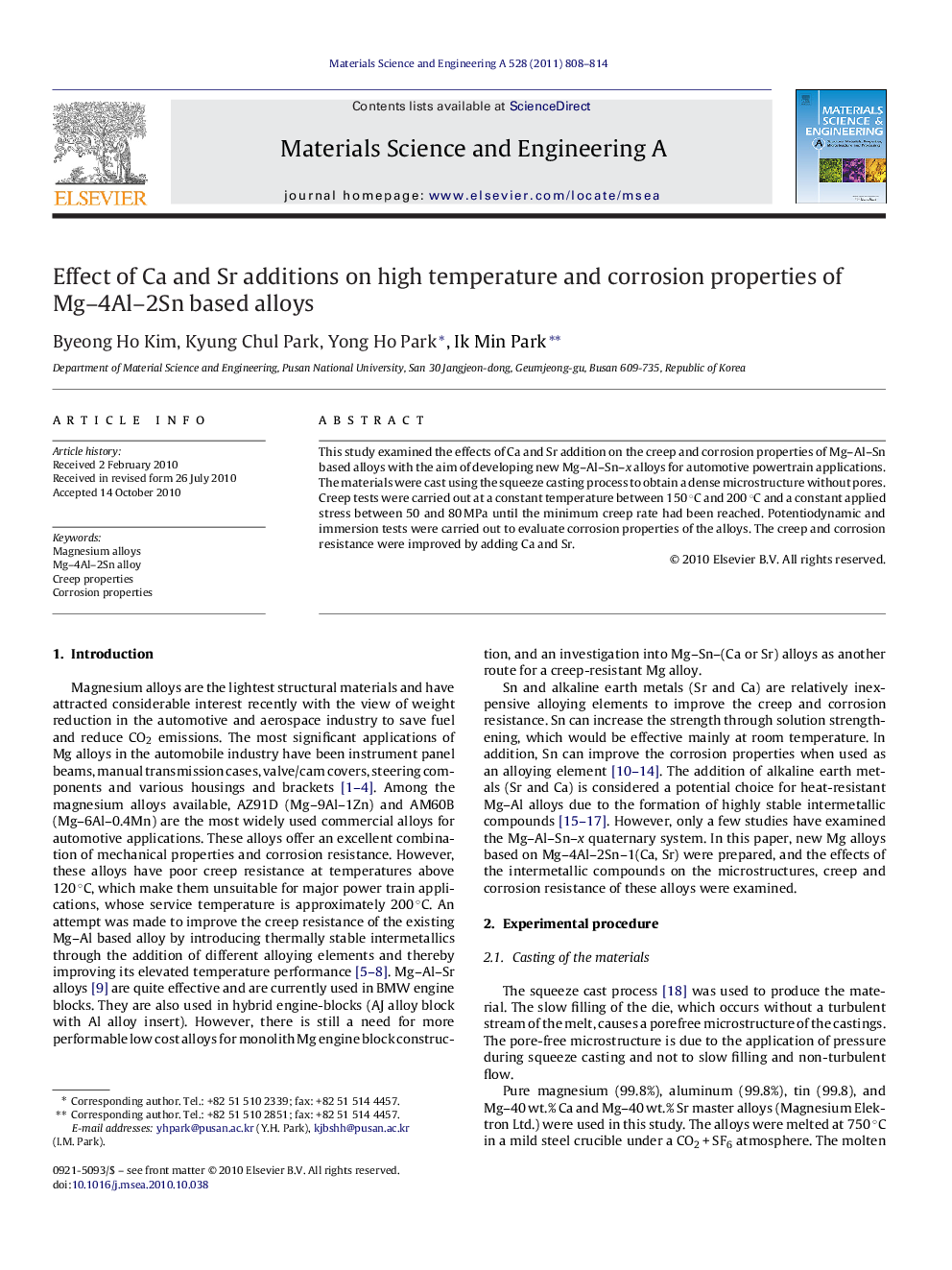 Effect of Ca and Sr additions on high temperature and corrosion properties of Mg-4Al-2Sn based alloys