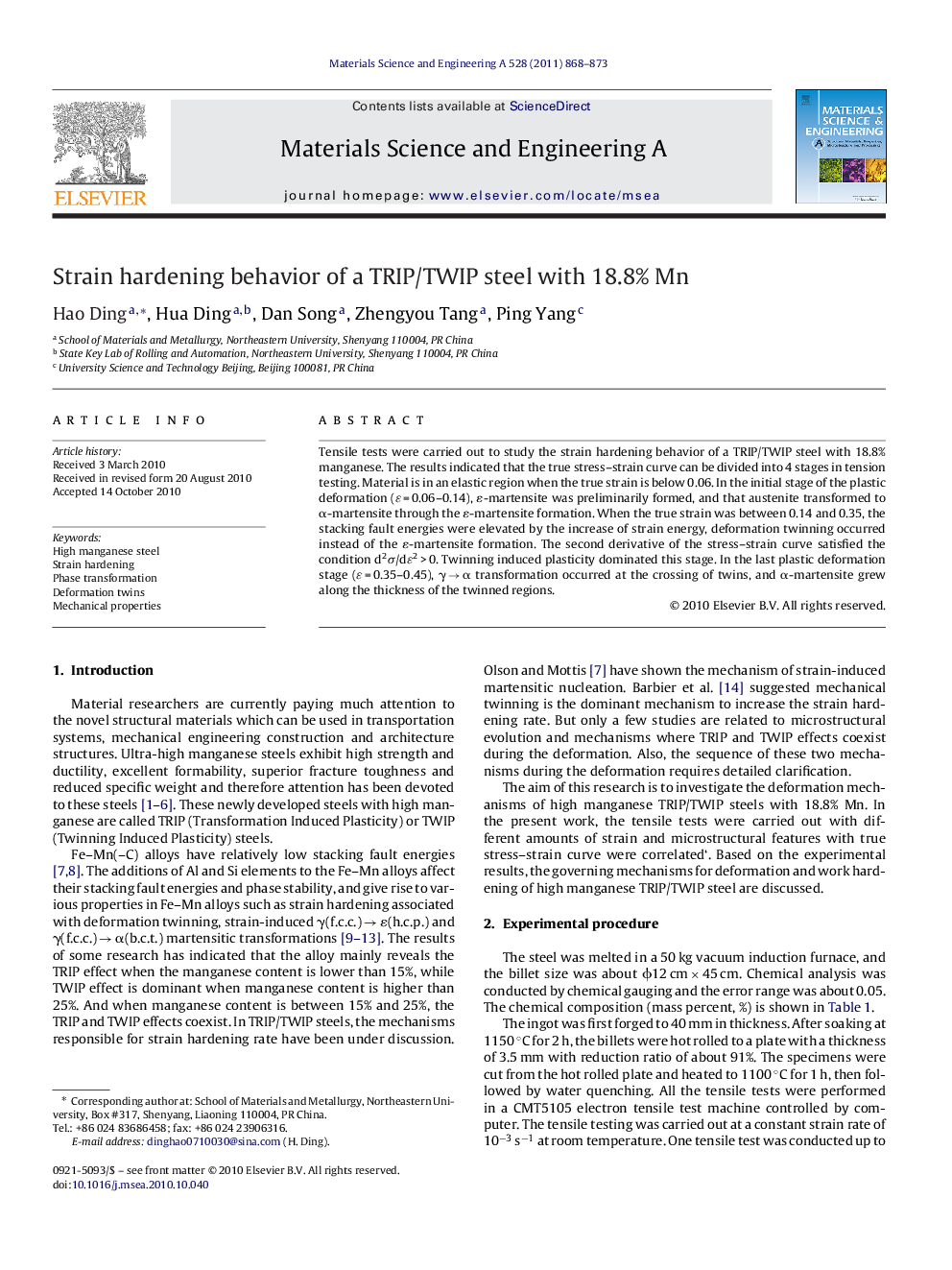 Strain hardening behavior of a TRIP/TWIP steel with 18.8% Mn