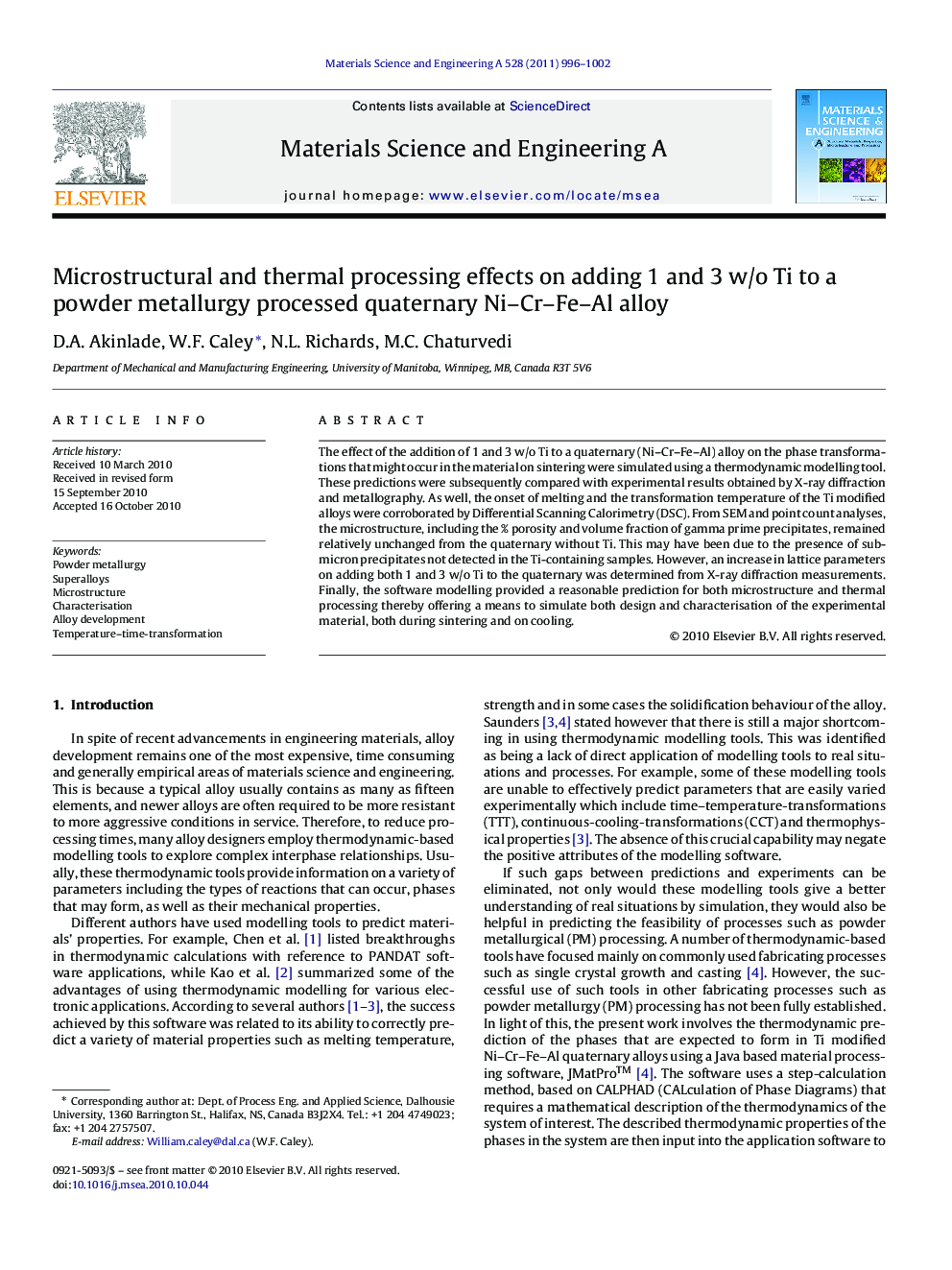 Microstructural and thermal processing effects on adding 1 and 3 w/o Ti to a powder metallurgy processed quaternary Ni-Cr-Fe-Al alloy