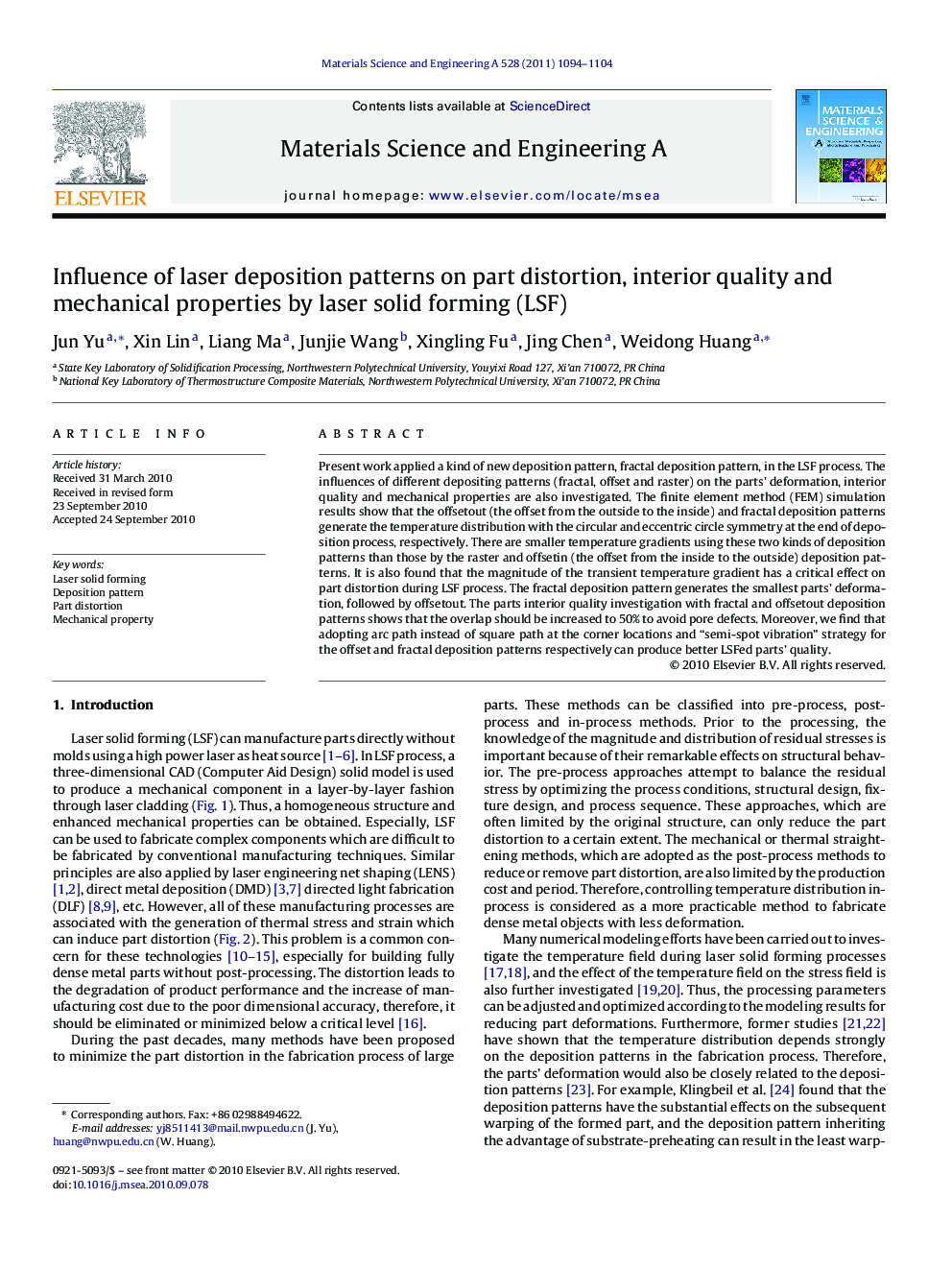 Influence of laser deposition patterns on part distortion, interior quality and mechanical properties by laser solid forming (LSF)