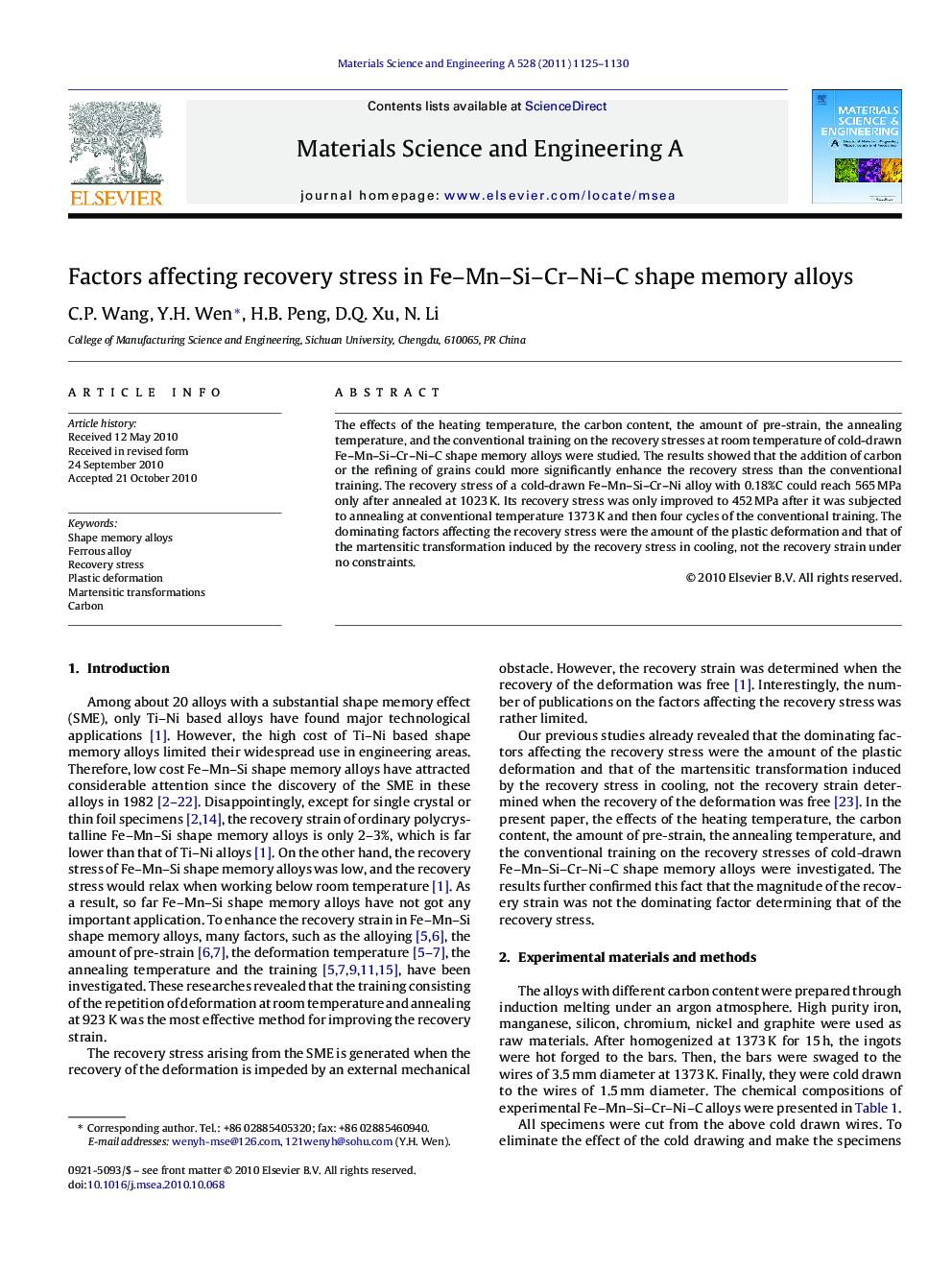 Factors affecting recovery stress in Fe-Mn-Si-Cr-Ni-C shape memory alloys