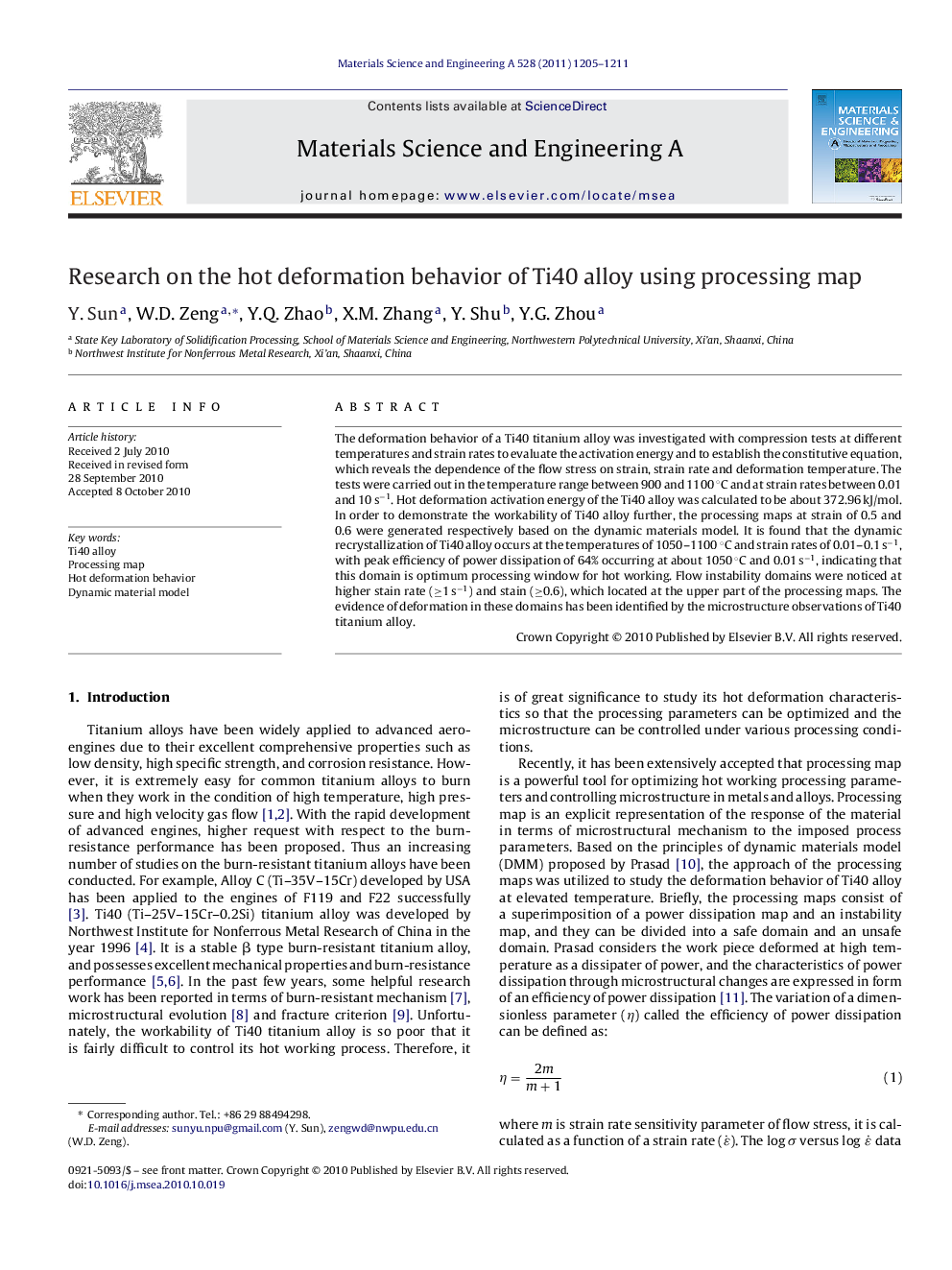 Research on the hot deformation behavior of Ti40 alloy using processing map