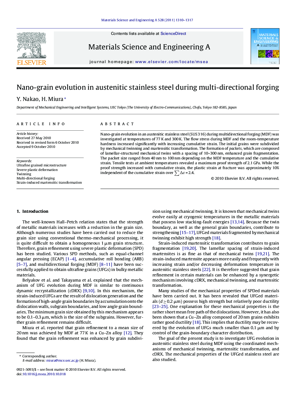 Nano-grain evolution in austenitic stainless steel during multi-directional forging