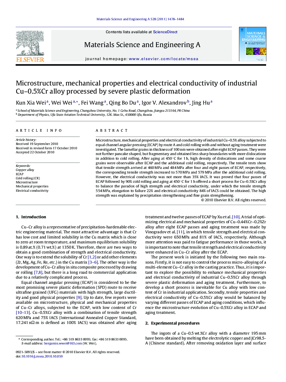 Microstructure, mechanical properties and electrical conductivity of industrial Cu-0.5%Cr alloy processed by severe plastic deformation