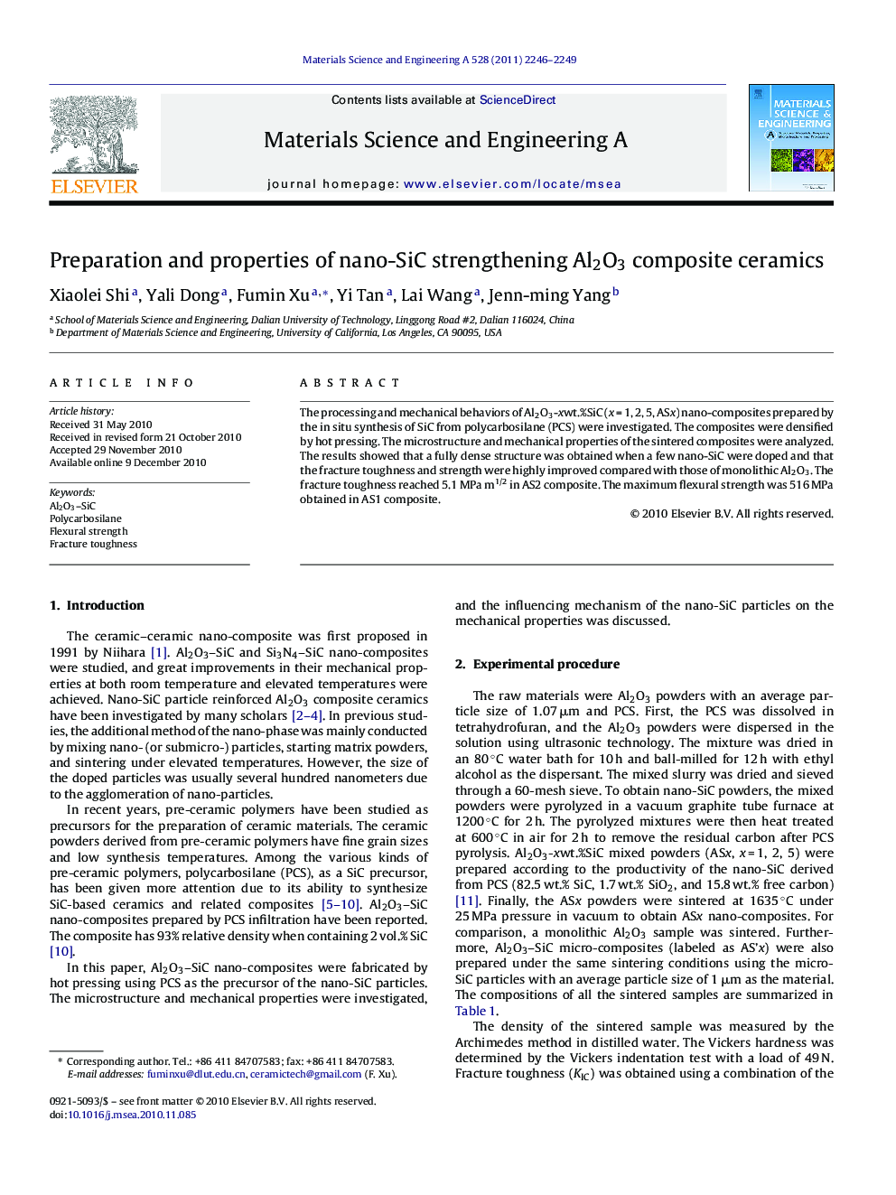 Preparation and properties of nano-SiC strengthening Al2O3 composite ceramics