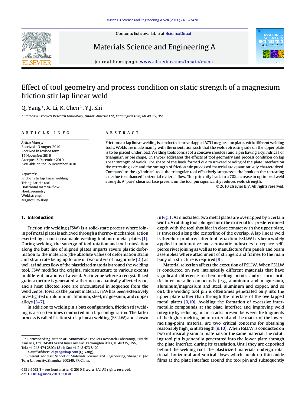 Effect of tool geometry and process condition on static strength of a magnesium friction stir lap linear weld