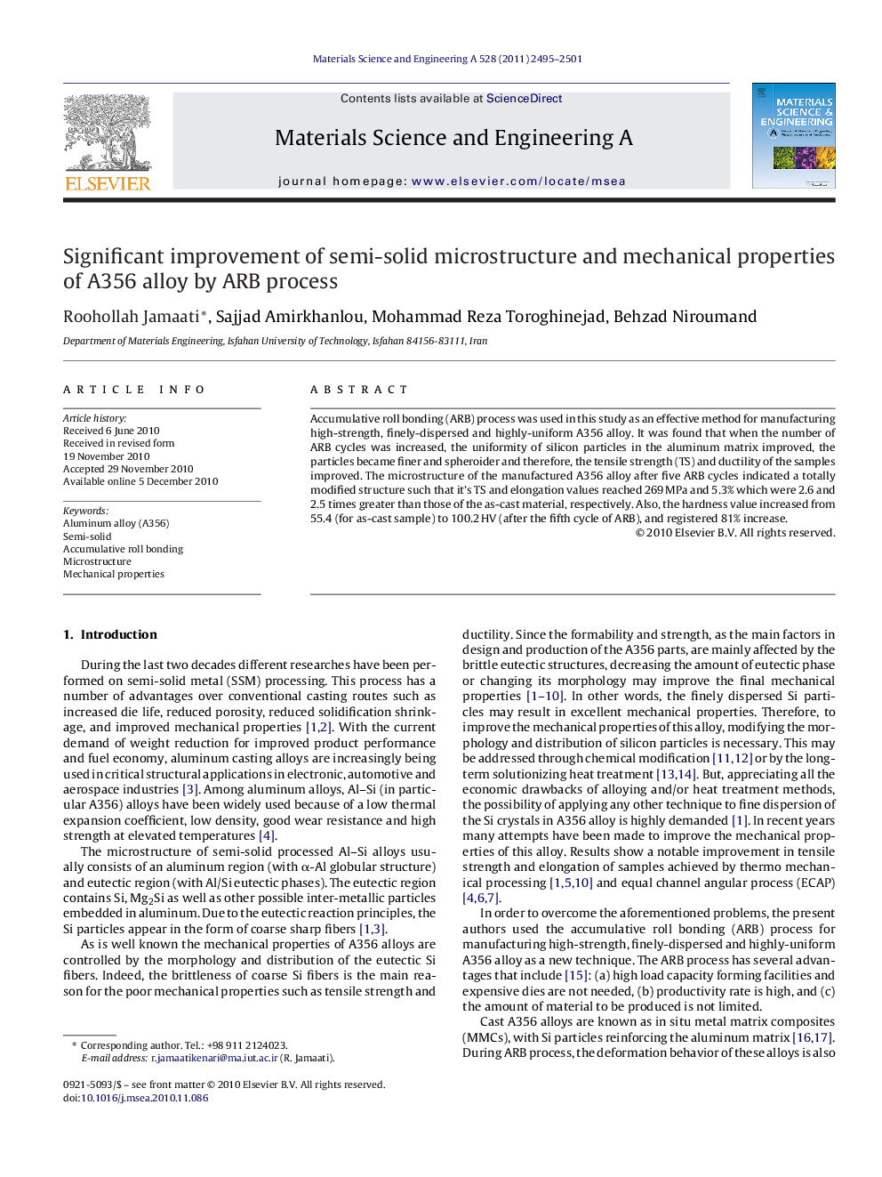 Significant improvement of semi-solid microstructure and mechanical properties of A356 alloy by ARB process