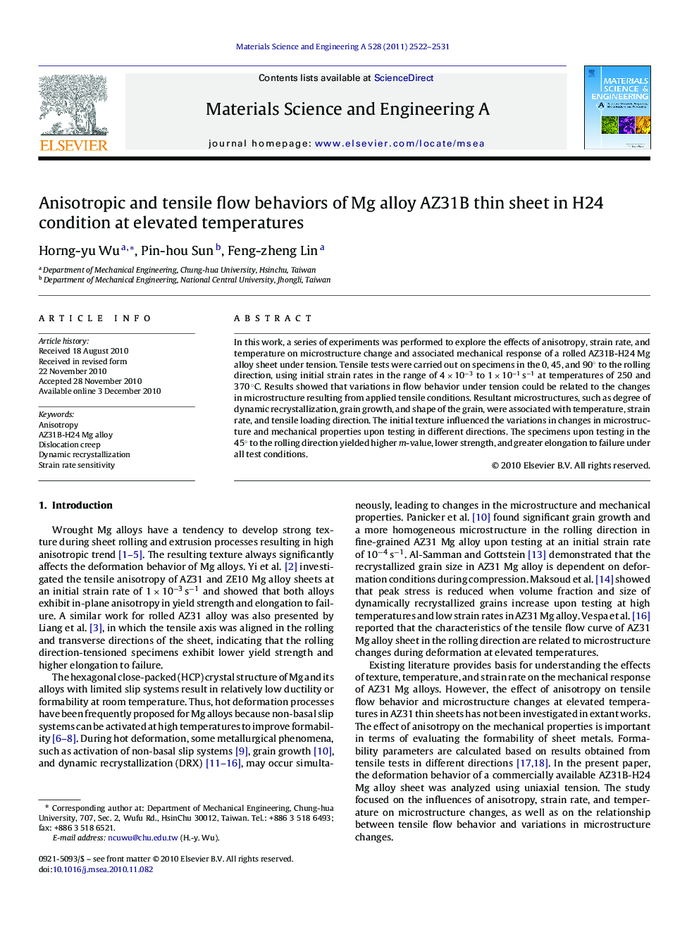 Anisotropic and tensile flow behaviors of Mg alloy AZ31B thin sheet in H24 condition at elevated temperatures