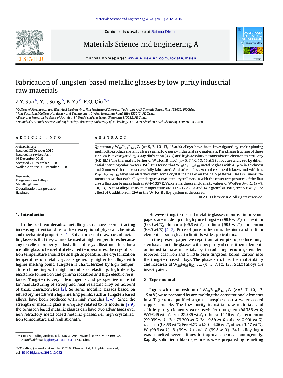 Fabrication of tungsten-based metallic glasses by low purity industrial raw materials