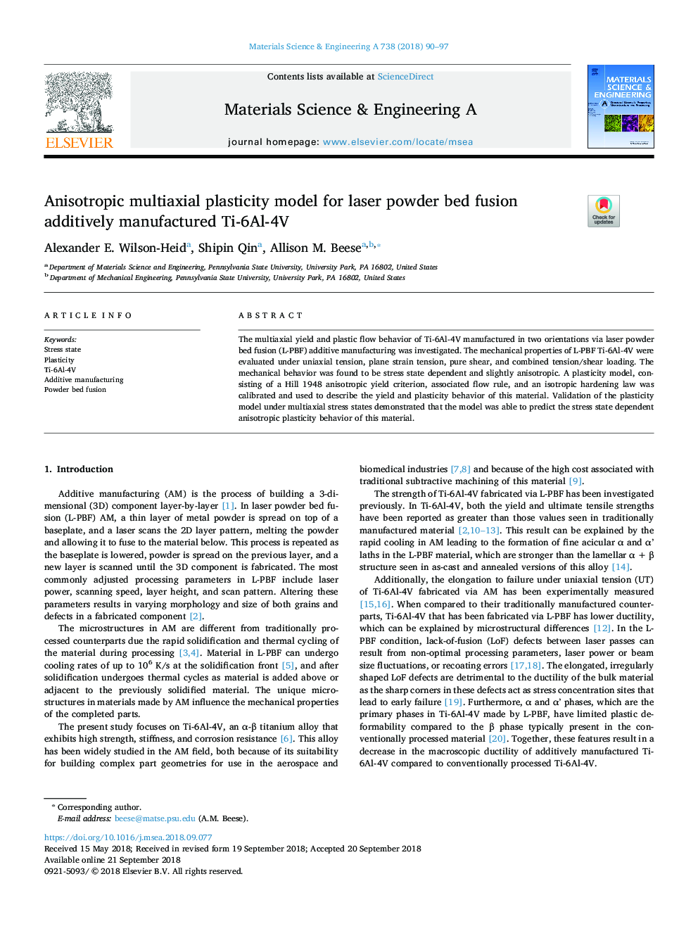 Anisotropic multiaxial plasticity model for laser powder bed fusion additively manufactured Ti-6Al-4V