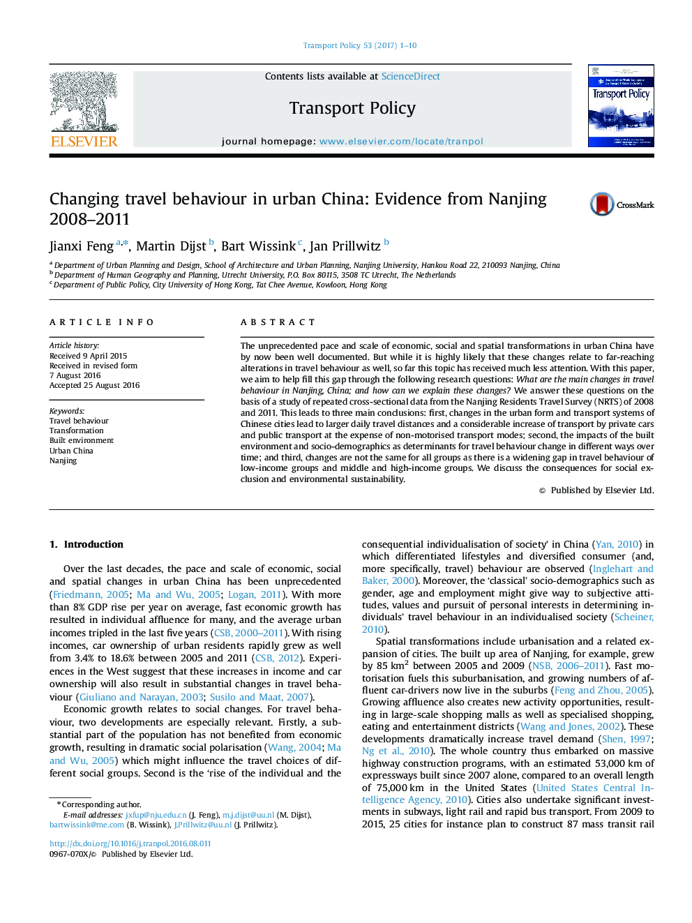 Changing travel behaviour in urban China: Evidence from Nanjing 2008–2011