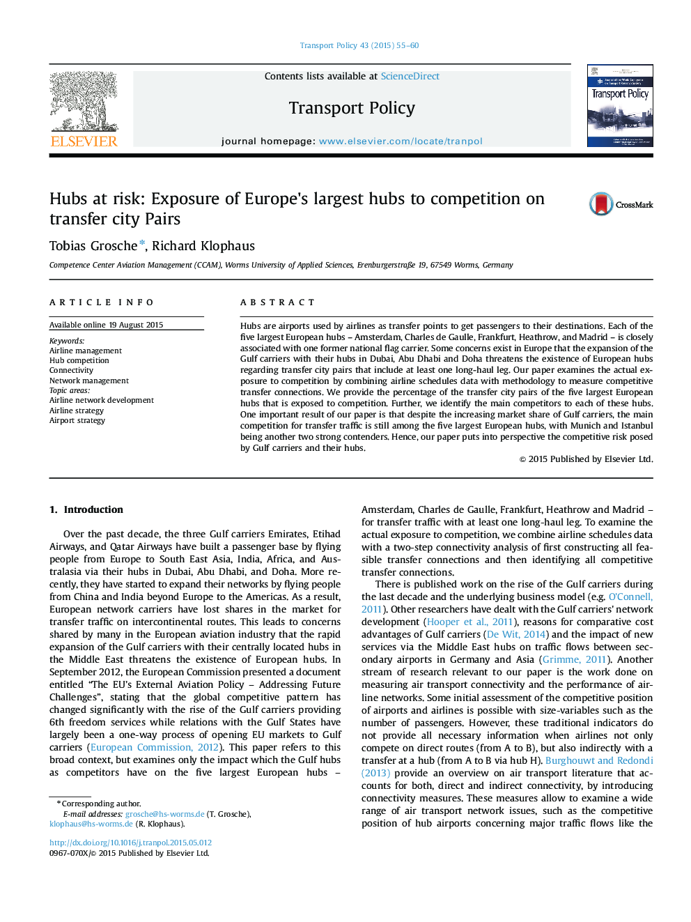 Hubs at risk: Exposure of Europe's largest hubs to competition on transfer city Pairs