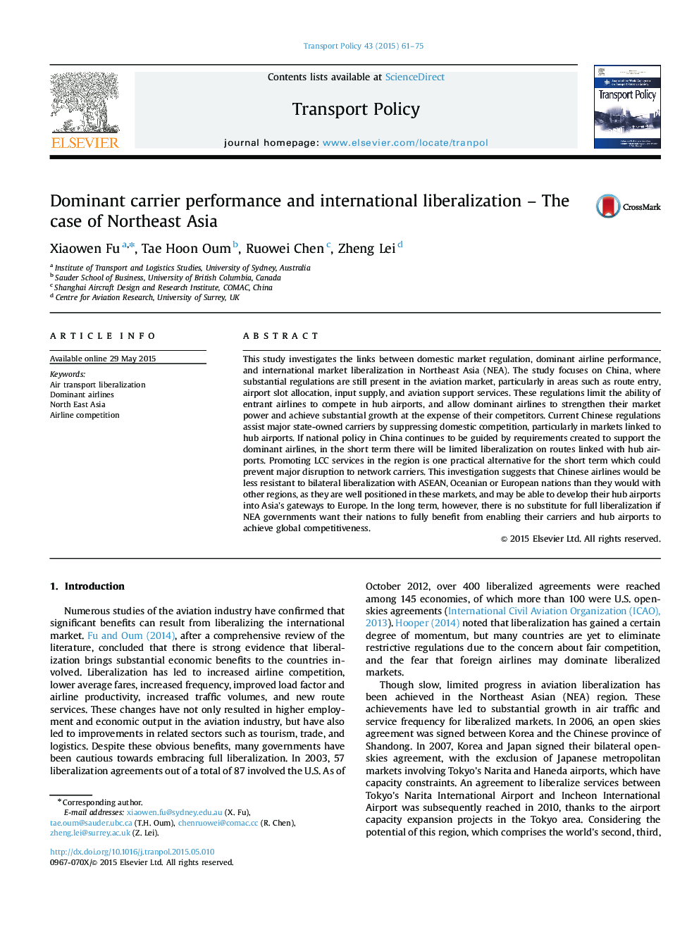 Dominant carrier performance and international liberalization – The case of Northeast Asia