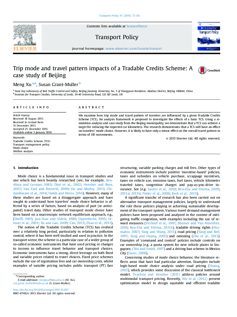 Trip mode and travel pattern impacts of a Tradable Credits Scheme: A case study of Beijing