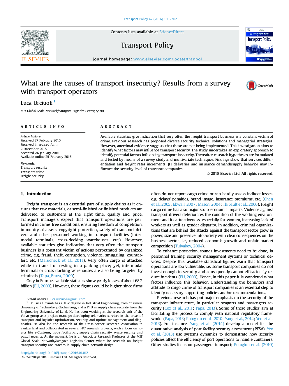 What are the causes of transport insecurity? Results from a survey with transport operators