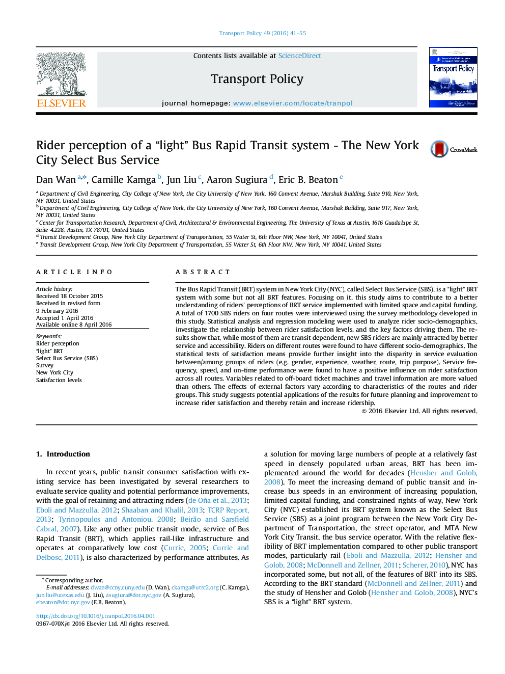 Rider perception of a “light” Bus Rapid Transit system - The New York City Select Bus Service