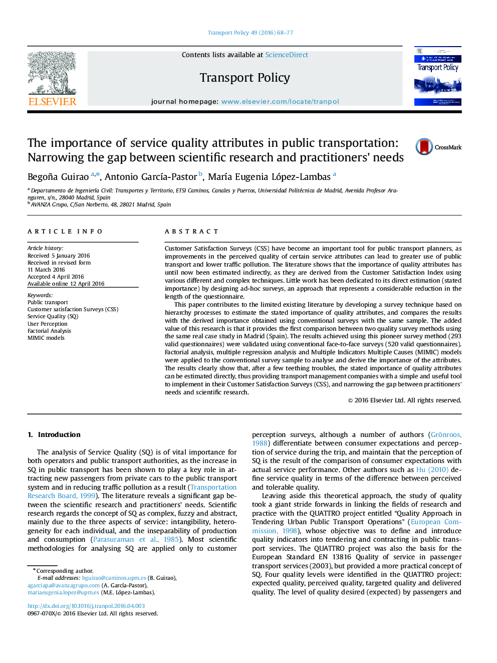 اهمیت ویژگی های کیفیت خدمات در حمل و نقل عمومی: کاهش فاصله پژوهش های علمی و نیازهای تمرین‌کنندگان